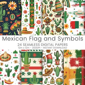 Puede incluir: Un conjunto de 24 papeles digitales con la bandera mexicana y símbolos. Los papeles son de 30,5 cm por 30,5 cm y 300 DPI. Los diseños incluyen cactus, sombreros, estrellas y la bandera mexicana.