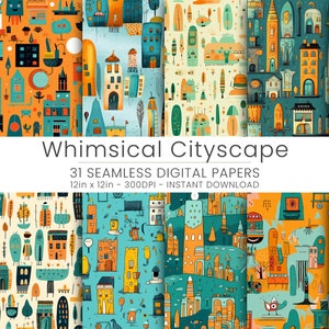 31 Whimsical Cityscape Seamless Pattern Digital Paper Modern Urban Art, Colorful City Buildings, Abstract City Design for Crafts, Background