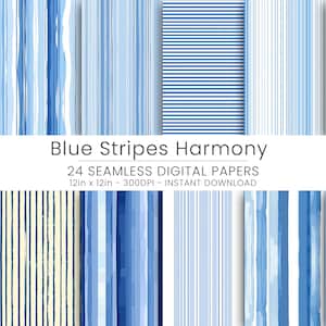 Papel digital Harmony de 24 rayas azules, diseño sin costuras para scrapbooking, manualidades y proyectos digitales. Perfecto para creaciones DIY.