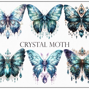 Kristall Motte Clipart-Set, Mystische Motte Grafiken, Glitzernde Insekt Illustrationen, Magische Schmetterling PNGs, Motte Scrapbooking Clipart, Motte Png