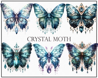 May include: Six watercolor illustrations of crystal moths with intricate details. Each moth has a different design with blue, green, and gold accents. The text "CRYSTAL MOTH" is written below the moths.