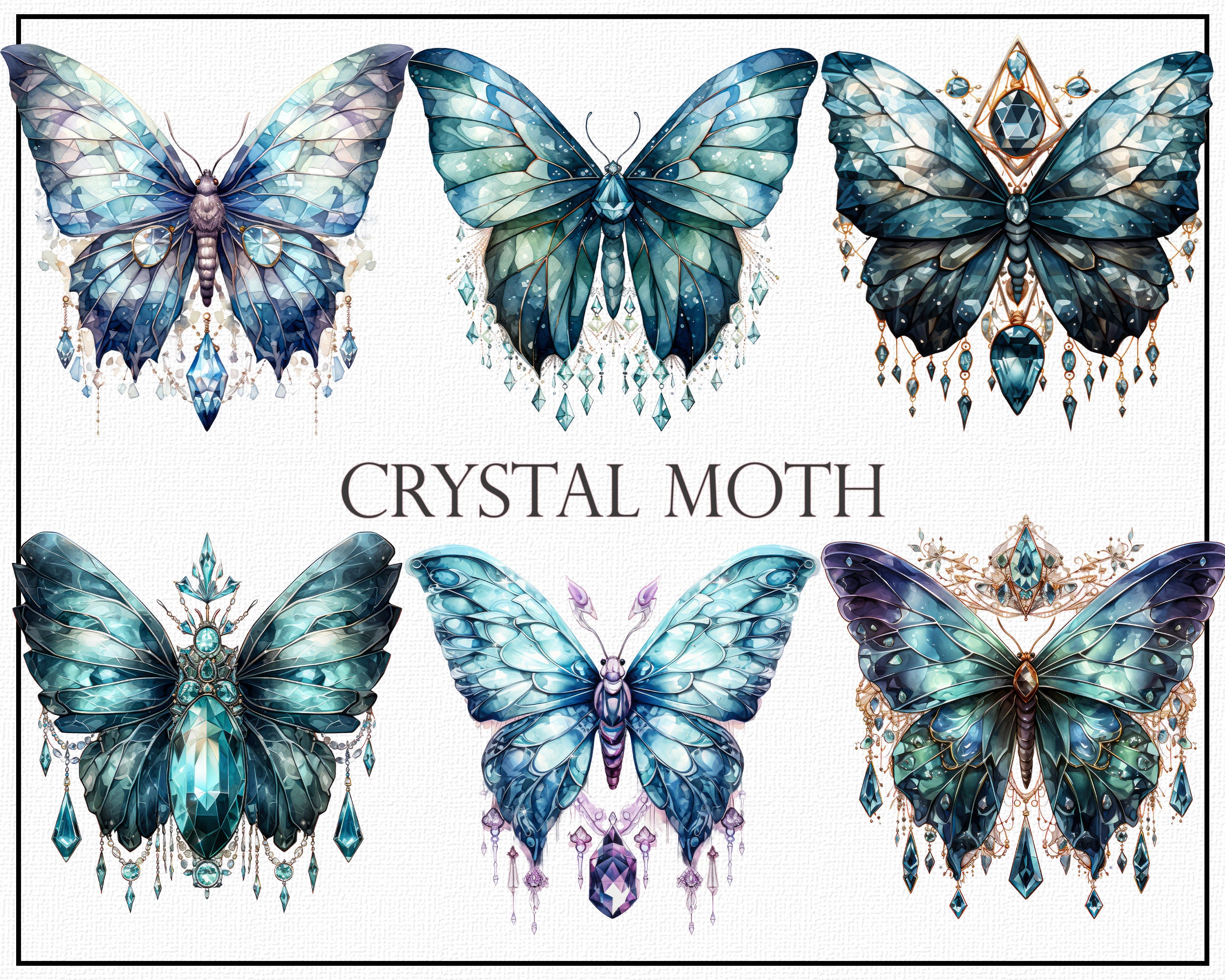Crystal Moth Clipart Set, Mystical Moth Graphics, Glittery Insect ...