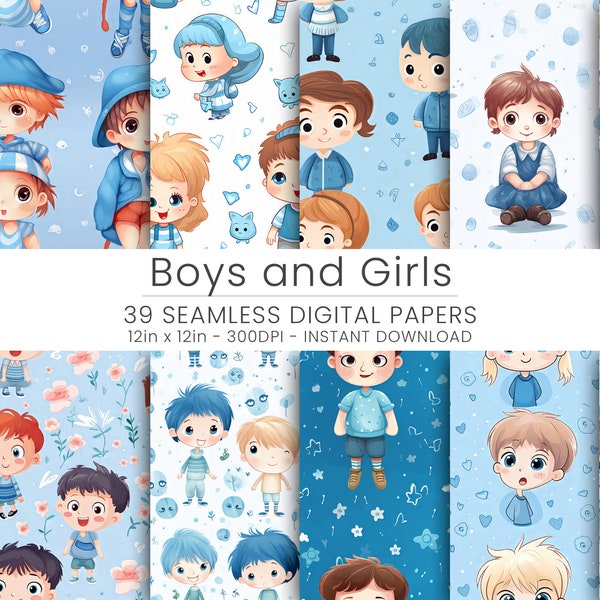 39 Boys and Girls Digital Paper, JPG, Instant Download, Scrapbooking, Repeatable, Blue Background, BoysRoom Decor, Grils And Boys.