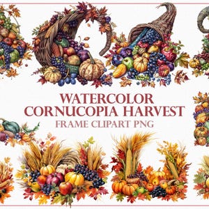 Acquerello Cornucopia Harvest 54 Clipart Png – Decorazione autunnale del Ringraziamento, frutti autunnali, zucche, uva e foglie, perfetti per i lavoretti fai da te
