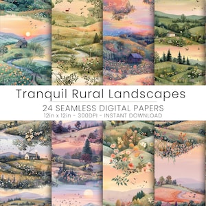 24 rustige landelijke landschappen Digitale naadloze patronen, serene natuur, esthetiek van het platteland, Cottagecore-download, herhaalbaar patroon