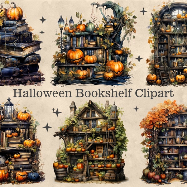 Halloween Bookshelf Clipart Bundle, 22 PNG, Halloween Clipart, Halloween Pumpkin, Orange Bookshelf, Halloween Decorate clipart, Fantasy Book