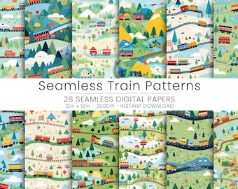 28 Seamless Train Patterns Digital Paper - Playful Scrapbooking Paper, High-Resolution JPGs for DIY Crafts and Digital Backgrounds