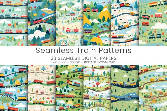 28 Seamless Train Patterns Digital Paper - Playful Scrapbooking Paper, High-Resolution JPGs for DIY Crafts and Digital Backgrounds