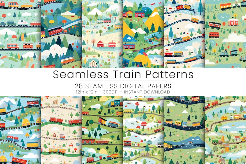 K&ouml;nnte beinhalten: Ein Set mit 28 digitalen Papierdesigns mit bunten Z&uuml;gen, die durch fantasievolle Landschaften fahren. Jedes Muster ist 30,5 cm x 30,5 cm gro&szlig; und hat eine Aufl&ouml;sung von 300 DPI. Die Designs beinhalten Z&uuml;ge, Berge, B&auml;ume, Wolken und H&auml;user.