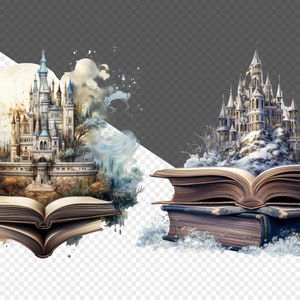 May include: Two open books with castles emerging from their pages. The book on the left has a blue and white castle with a moon in the background. The book on the right has a white castle with snow on the ground.