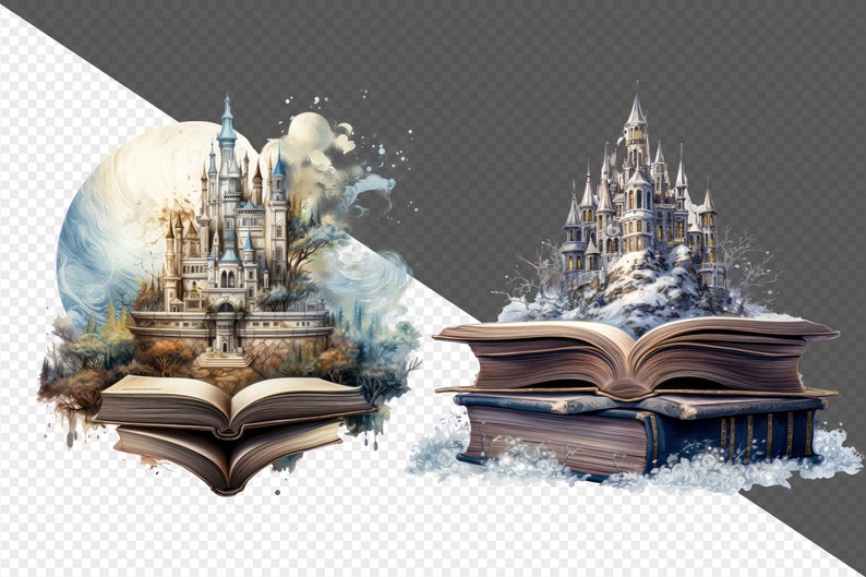 May include: Two open books with castles emerging from their pages. The book on the left has a blue and white castle with a moon in the background. The book on the right has a white castle with snow on the ground.