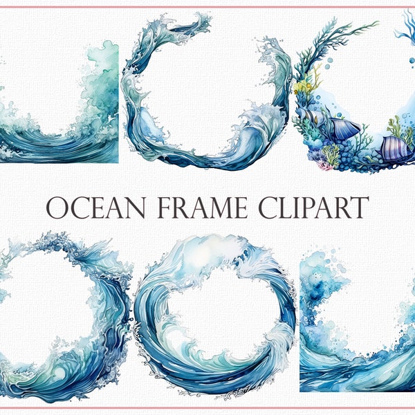 Ocean Frame Clipart, 22 Wave Border Art, Seaside Serenity Frame Clipart, Wave Border, Seashore Frame Illustration, Seaside Border Clipart