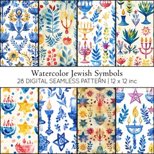 28 Aquarell-jüdische Symbole, digitale Papiere, wiederholbar, JPG, Scrapbooking, Sofort-Download, Pessach-Muster, Chanukka-Hintergrund,