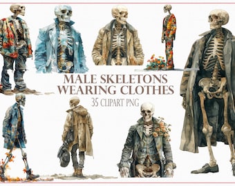 35 mannelijke skeletten in stijlvolle kleding PNG - Halloween-clipartcollectie, transparante achtergronden voor digitale kunst, scrapbooking, kaarten