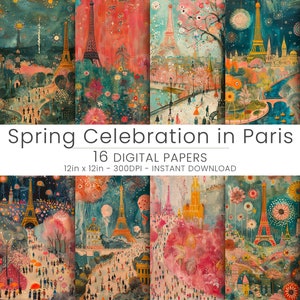 16 Celebração da Primavera em Paris Papel Digital, JPG, Scrapbooking, Download Instantâneo, Papel de Parede, Plano de Fundo
