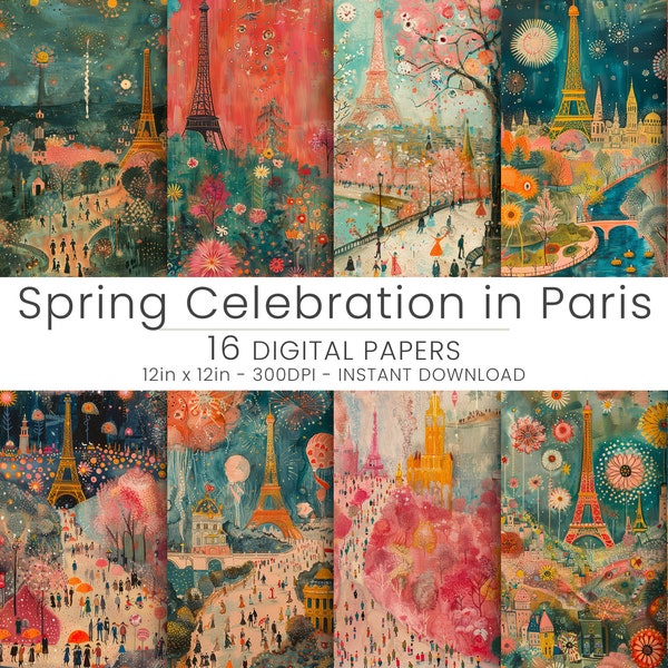 16 Spring Celebration in Paris Digital Paper, JPG, Scrapbooking, Instant Download,  Wallpaper, Background