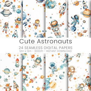 24 süße Astronauten, digitales Papier, Heimdekoration, Scrapbooking, wiederholbar, digitaler Download, nahtloses Muster, Kinderzimmer-Dekor, Hintergrund