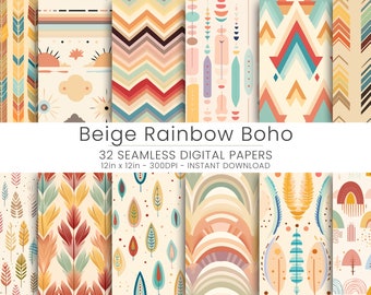 Beige Rainbow Boho Digital Paper, Seamless Patterns (Instant Download)