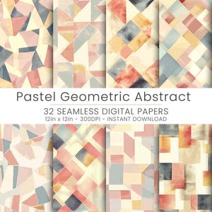 32 Pastelowe geometryczne abstrakcyjne bezszwowe wzory | Cyfrowy papier do scrapbookingu, tworzenia kartek, zaproszeń | Natychmiastowe pobieranie, wystrój boho