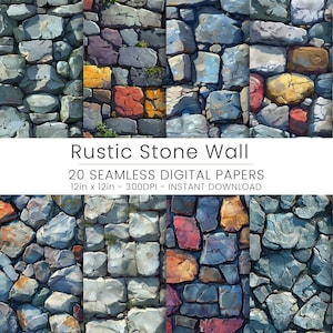 20 Rustic Stone Wall Seamless Patterns - Textured Digital Paper for Scrapbooking, Crafts, Invitations & Printable Projects, JPG Background