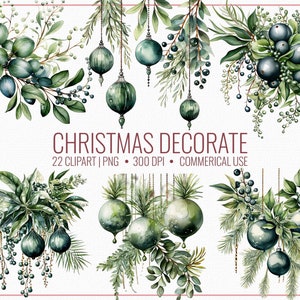 22 Kerst versieren clipart, feestelijke slinger - groen en kralen voor digitale decoraties, digitale download, scrapbooking, uitnodigingen,