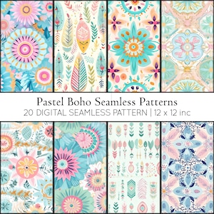 Może przedstawiać: Zestaw 20 cyfrowych wzorów bez szwów w pastelowych kolorach z motywem boho. Wzory przedstawiają kwiaty, pióra, strzały i kształty geometryczne. Wzory mają 12 cali na 12 cali.
