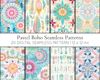 20 Pastel Boho Seamless Patterns, Digital Paper (Instant Download)