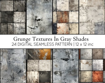 May include: 24 digital seamless patterns in gray shades. Grunge textures with a distressed, weathered look. Each pattern is 12 inches by 12 inches.