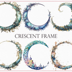 Imágenes prediseñadas de marco de media luna, 24 fronteras lunares místicas, arte de borde de luna, bordes de tema lunar, diseños de marco celestial, imágenes prediseñadas de borde de cielo nocturno