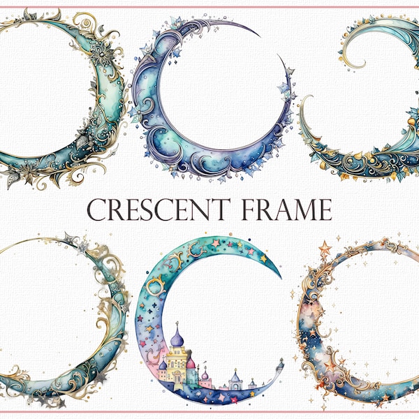 Crescent Frame Clipart, 24 Mystical Lunar Borders, Moon Border Art, Lunar Theme Borders, Celestial Frame Designs, Night Sky Border Clipart