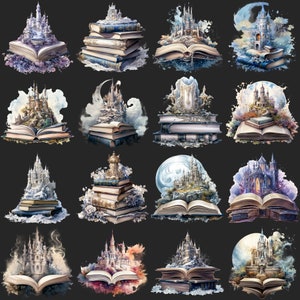 May include: A collection of 16 digital illustrations featuring castles built on top of open books. Each castle is unique and has a different style, with some featuring snow, clouds, or water. The illustrations are painted in a watercolor style and have a whimsical and magical feel.