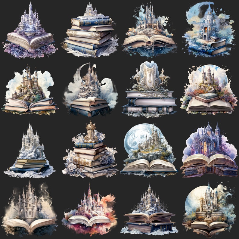 May include: A collection of 16 digital illustrations featuring castles built on top of open books. Each castle is unique and has a different style, with some featuring snow, clouds, or water. The illustrations are painted in a watercolor style and have a whimsical and magical feel.