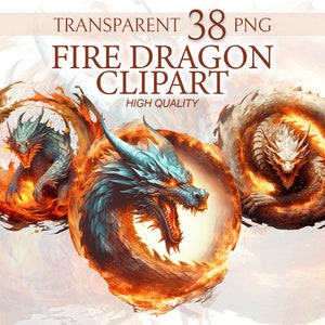 Pacchetto Clipart Fire Dragon - Arte digitale del drago, Sfondo trasparente, Download istantaneo, Stampa digitale, Download PNG, Drago della fiamma