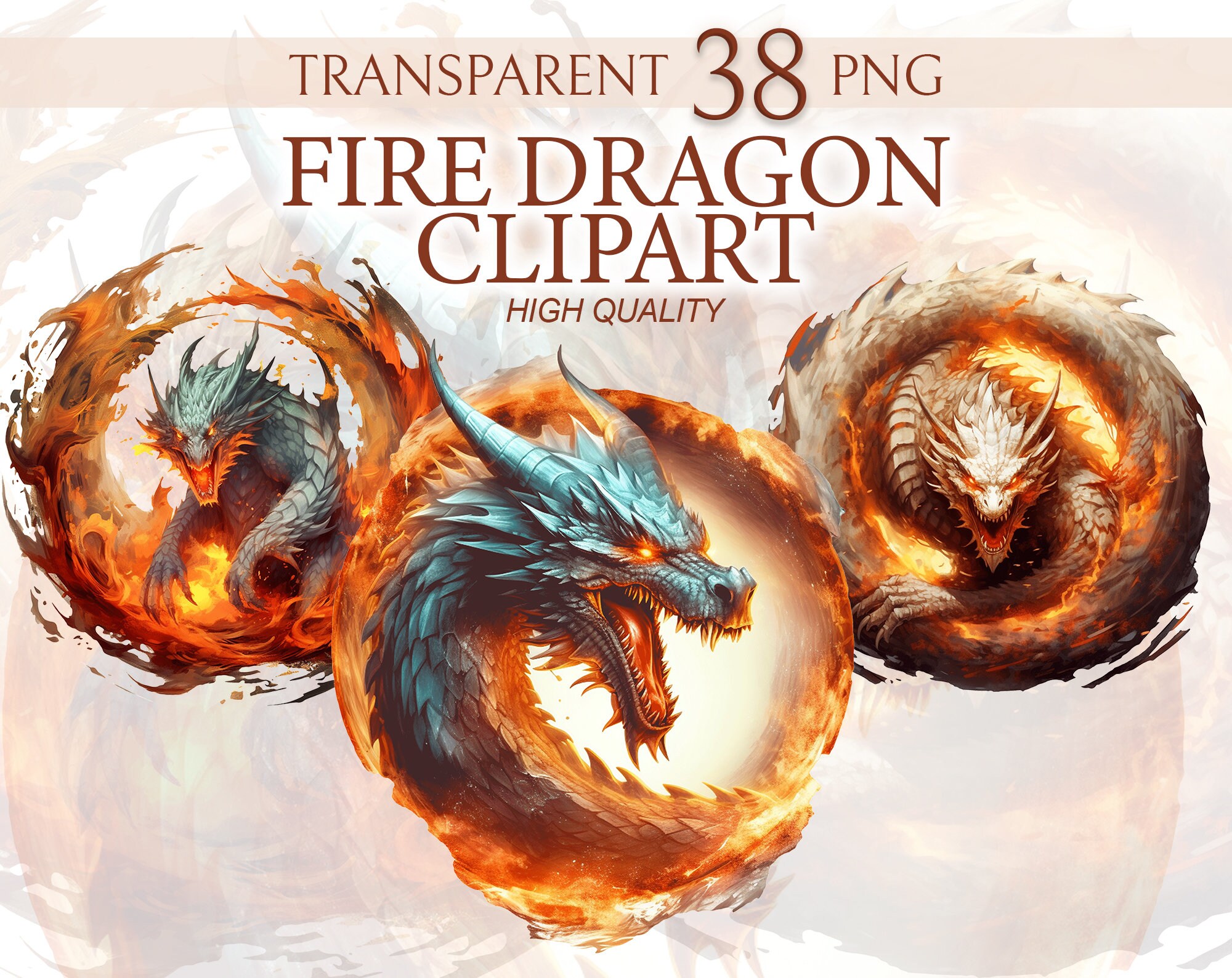 Fire Dragon Clipart Bundle - Digital Dragon Art, Transparent Background, Instant Download, Digital Print, PNG Download, Flame Dragon