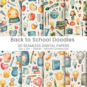 20 Back to School Doodles nahtlose digitales Papier | Lustige Schulbedarf-Muster | Kinder Scrapbooking & Bastelbedarf | Sofort Download, JPG