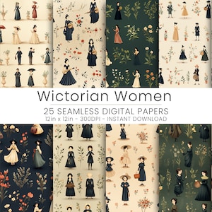 May include: A set of 25 digital papers featuring Victorian women in various poses and clothing, with floral patterns in shades of green, blue, and cream. The papers are 12 inches by 12 inches and 300 DPI. Victorian Women - 25 Seamless Digital Papers 12in x 12in - 300DPI - Instant Download