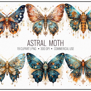 19 Astral Moth Clipart, kleurrijke Moth-afbeeldingen, mystieke Moth Graphic, Digital Moth Art, Holiday Graphics Scrapbooking, Uitnodiging Clipart Png