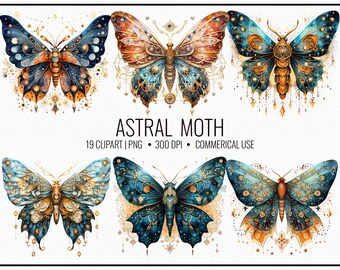May include: A set of 19 digital clipart images of intricate, celestial-themed moths with gold and blue accents. The moths have detailed wings with moon and star patterns. The text "ASTRAL MOTH" is displayed at the top of the image.