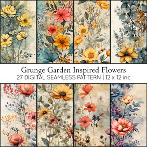 Schmutz-Garten inspirierte Blumen, 27 wiederholbare Muster, Schmutzblumenhintergrund, Weinlese-botanische Beschaffenheit, Boho-Garten-ästhetisches Muster