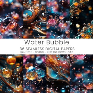 May include: 36 digital papers featuring abstract water bubble patterns in shades of blue, orange, pink, and yellow on a black background. The papers are 12 inches by 12 inches and 300 DPI.