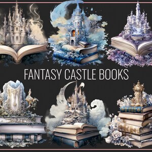 May include: Six fantasy castle illustrations on open books. Each book features a different castle with a whimsical, fairytale aesthetic. The castles are white with blue accents and are surrounded by clouds and flowers.