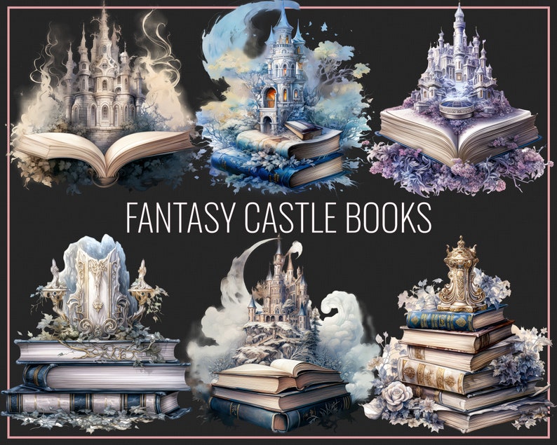 May include: Six fantasy castle illustrations on open books. Each book features a different castle with a whimsical, fairytale aesthetic. The castles are white with blue accents and are surrounded by clouds and flowers.