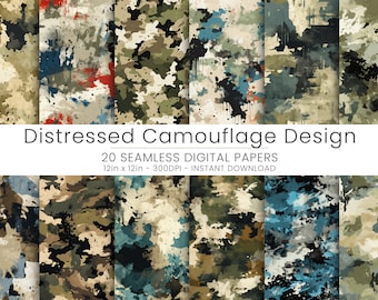 20 Distressed Camouflage Design Digital Paper, Seamless Pattern,Home Decor, Repeatable, Scrapbooking, JPG, Instant Download,
