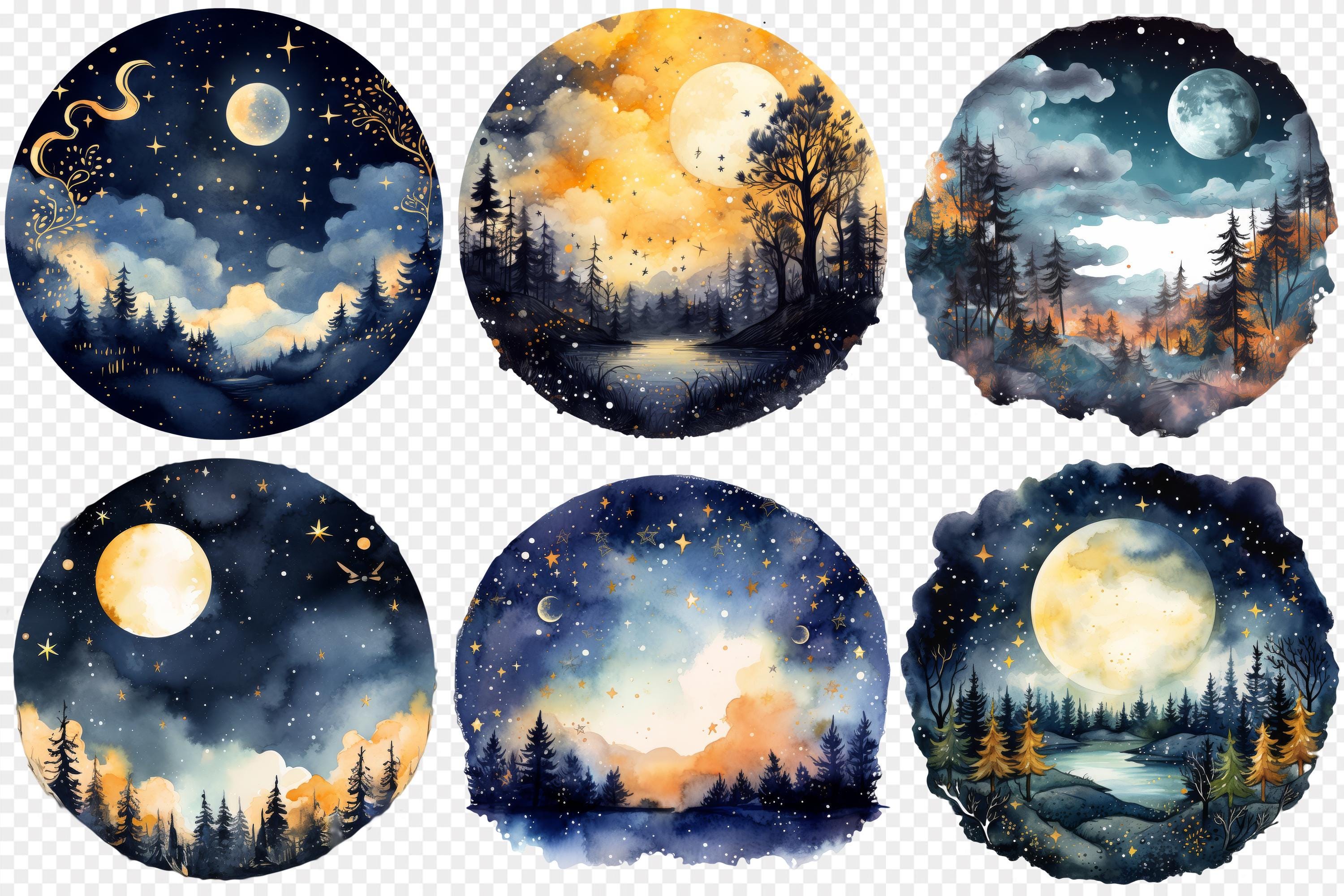 Starry Night Sky Watercolor Clipart, 24 Moon and Stars Landscape Pngs ...