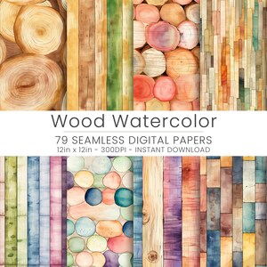 79 Papel digital de madera de acuarela sin costuras, fondos de madera rústica, texturas de madera vintage, papel artesanal de álbum de recortes, patrones naturales