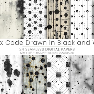 Może przedstawiać: Zestaw 24 cyfrowych papierów z czarno-białymi wzorami geometrycznymi, w tym liniami, okręgami i kwadratami. Papiery mają rozmiar 30,5 cm x 30,5 cm i rozdzielczość 300 DPI. Tekst "Matrix Code Drawn in Black and White" znajduje się w górnej części obrazu.