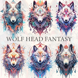 May include: Six colorful wolf head illustrations with geometric patterns and a white background. The text "WOLF HEAD FANTASY" is centered below the images.