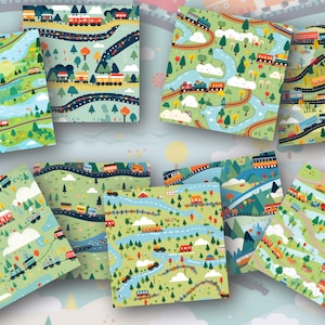K&ouml;nnte beinhalten: Ein Set aus zehn bunten nahtlosen Mustern mit Z&uuml;gen, die durch verschiedene Landschaften fahren, darunter W&auml;lder, Berge und Fl&uuml;sse. Die Muster eignen sich perfekt f&uuml;r die Verwendung in Scrapbooking, Stoffdesign und anderen kreativen Projekten.