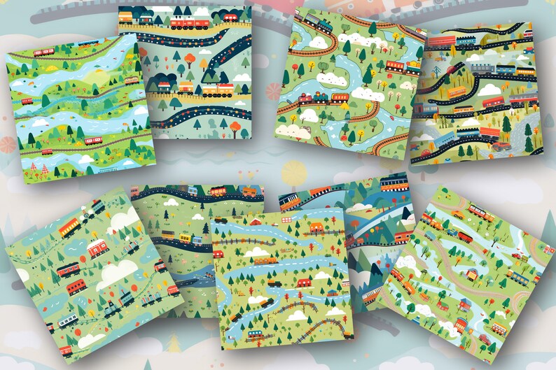 K&ouml;nnte beinhalten: Ein Set aus zehn bunten nahtlosen Mustern mit Z&uuml;gen, die durch verschiedene Landschaften fahren, darunter W&auml;lder, Berge und Fl&uuml;sse. Die Muster eignen sich perfekt f&uuml;r die Verwendung in Scrapbooking, Stoffdesign und anderen kreativen Projekten.