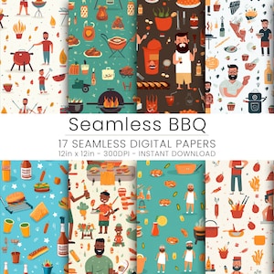 17 Seamless BBQ Digital Paper, Home Decor, Repeatable, Scrapbooking, JPG, Instant Download, BBQ Summer Pattern.